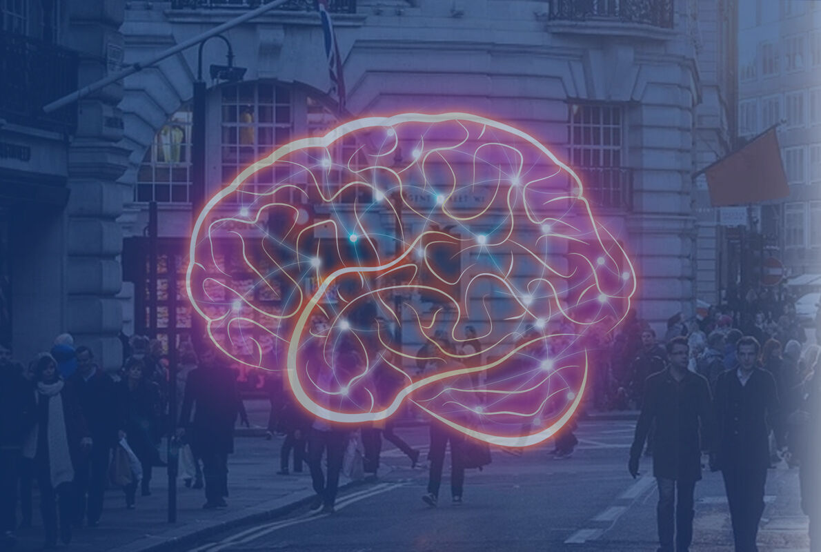 Illustration of a human brain over a city street